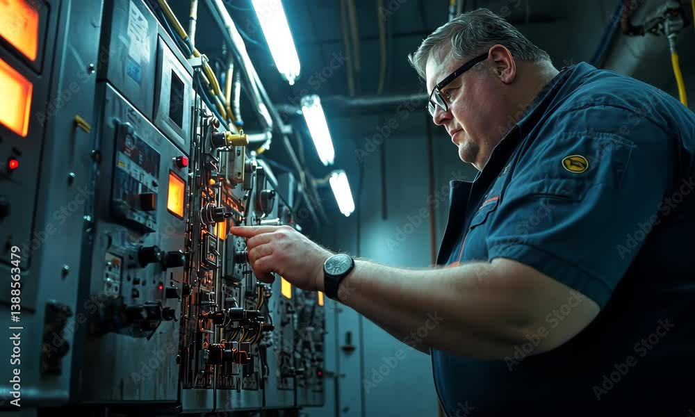 Focused Technician Operating Control System in Industrial Environment with Modern Equipment Focused Technician Operating Control System in Industrial Environment with Modern Equipment