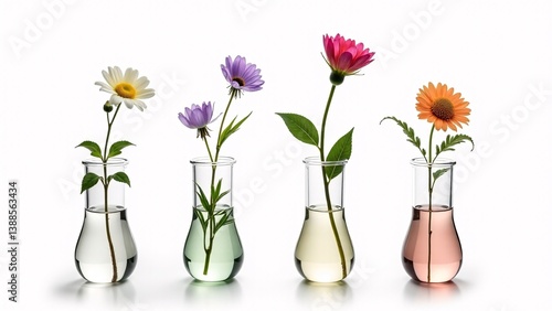 Flowers In Beakers On White Background