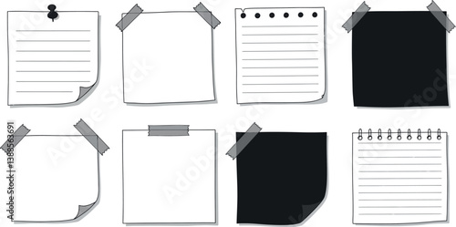 Various styles of sticky notes with tape in flat design vector art
