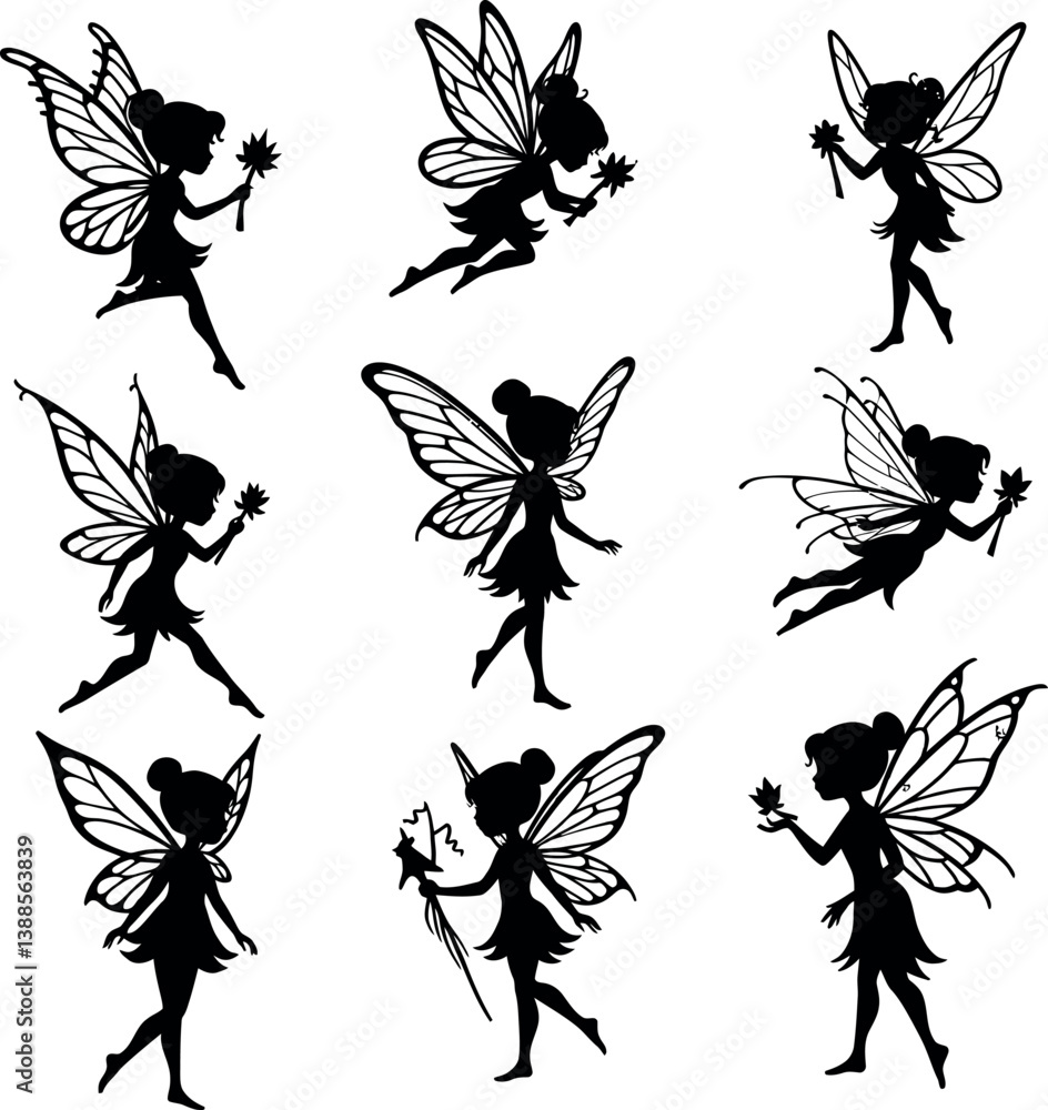 Fototapeta premium Enchanting fairy silhouettes dancing gracefully in detailed vector art collection