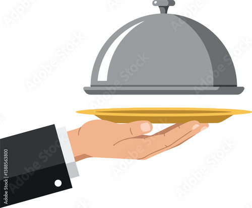 A hand presenting a silver cloche atop a golden plate in flat vector art
