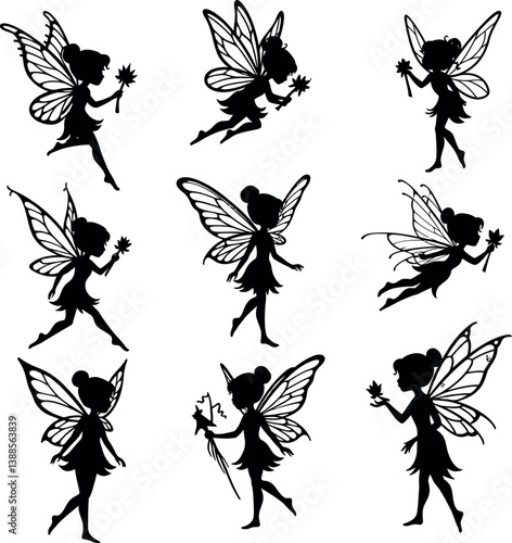 Enchanting fairy silhouettes dancing gracefully in detailed vector art collection