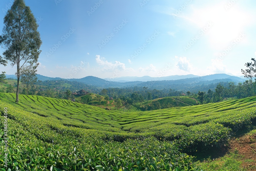 A panoramic view of a beautiful green terraced tea plantation A panoramic view of a beautiful green terraced tea plantation