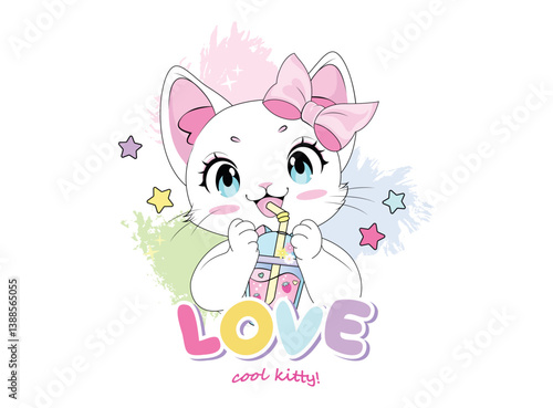 cute kitten surrounded by stars. Design to print on shirt, poster, dedications, birthday