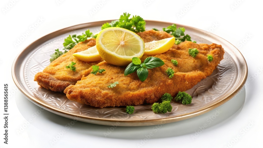 Delicious Crispy Breaded Cutlets Served with Lemon and Herbs on an Ornate Plate Delicious Crispy Breaded Cutlets Served with Lemon and Herbs on an Ornate Plate