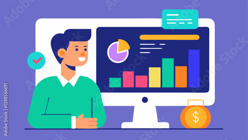 Earnings Dashboard A computer screen displaying a colorful earnings dashboard with a strategist explaining the metrics while a content creator takes notes.