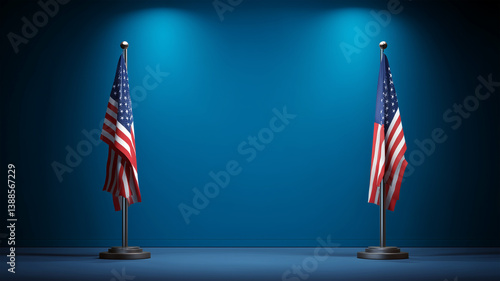 Two American flags on stands against solid blue background with spotlights creating shadows, empty space between flags