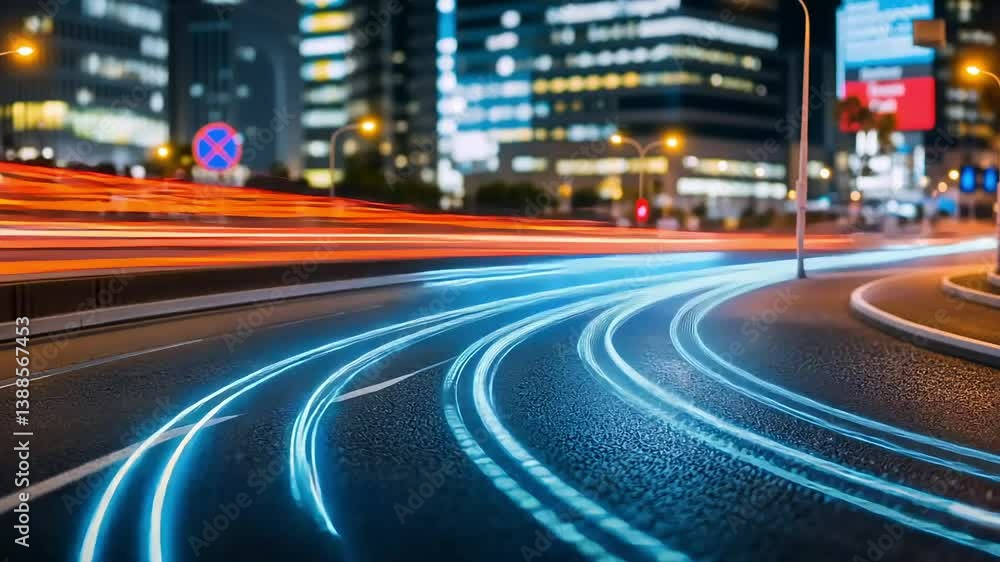 Night city highway, glowing car trails, futuristic tech, advert Night city highway, glowing car trails, futuristic tech, advert