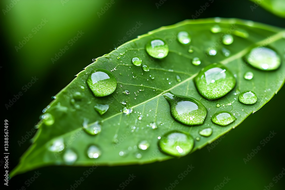 Close-up view of a green leaf adorned with fresh water droplets, showcasing nature's beauty and the essence of freshness. Close-up view of a green leaf adorned with fresh water droplets, showcasing nature's beauty and the essence of freshness.