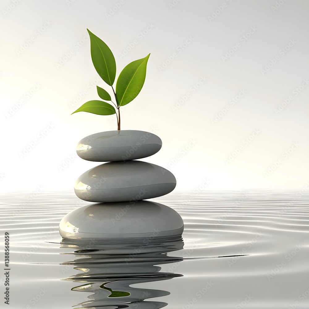 Obraz premium Serene Zen Stones with Sprout: Tranquil Water Reflection