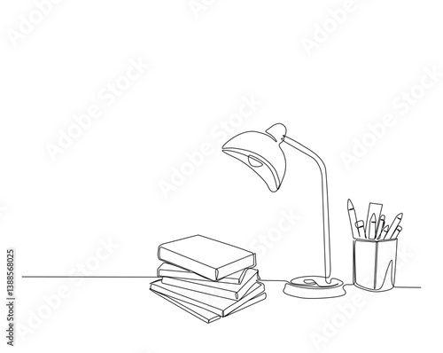 Books, desk lamp and pencil holder outline drawing illustration. one continuous line drawing of school equipment- stationery.