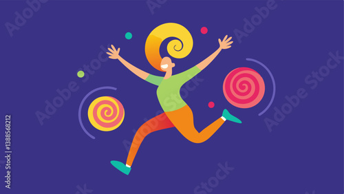 Jumping Figure with Colorful Spirals An energetic figure jumping joyfully with vibrant spirals emanating from their body representing the release of endorphins and a boost in mood.