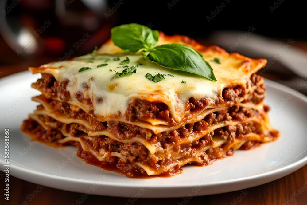 Delicious homemade lasagna with layers of cheese, meat, and herbs served on a white plate, perfect for a family meal. Delicious homemade lasagna with layers of cheese, meat, and herbs served on a white plate, perfect for a family meal.