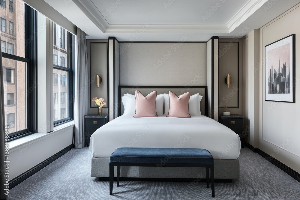 A well decorated modern bedroom with comfortable and luxurious furnishings A well decorated modern bedroom with comfortable and luxurious furnishings