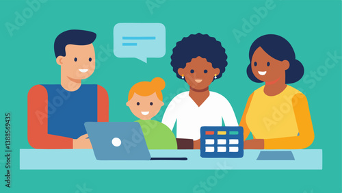 Diverse Family Budgeting Together A family sitting around a table with a calculator spreadsheets and a laptop collaboratively discussing and planning their financial goals.