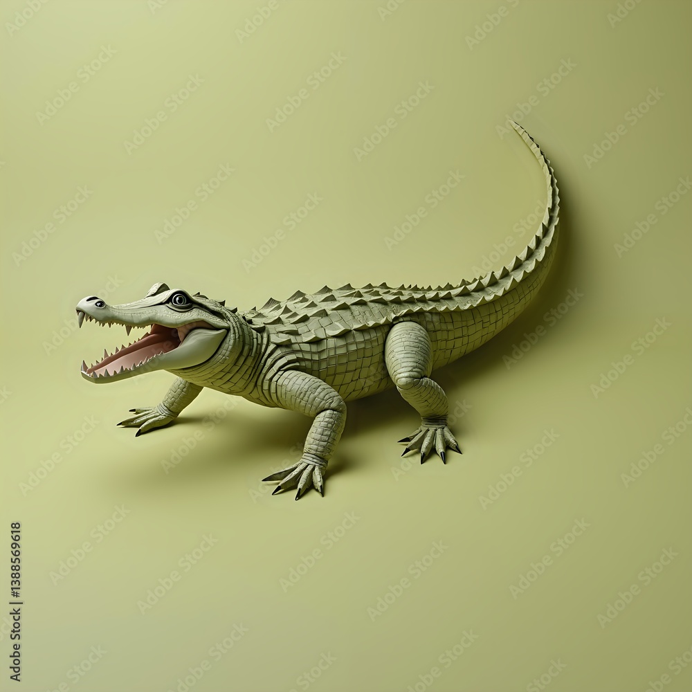 Obraz premium Intricate paper crafted crocodile on a soft green background for nature enthusiasts, paper art of sculpture concept.