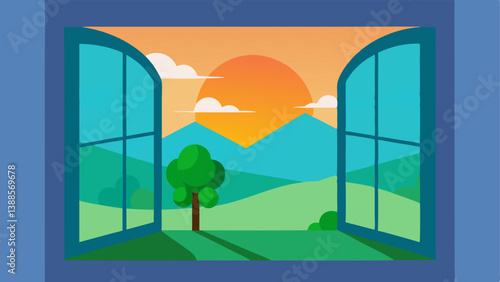 Outdoor Landscape View A picturesque view from inside a home where the smart window dynamically changes from a clear view of the landscape to a tinted shield against direct