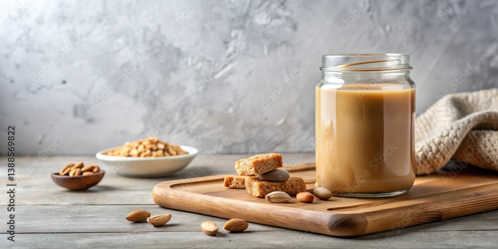 Fototapeta premium Delicious nutty beverage in a glass jar with crunchy snacks on a wooden board