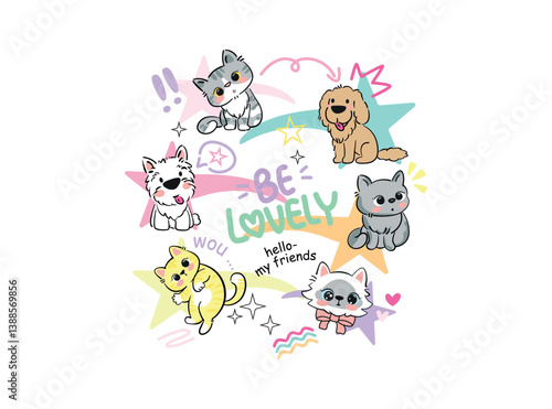 Vector illustration, kittens and puppies surrounded by stars and eye-catching objects. Design for printing on a shirt, poster, banner. Lovely print for t-shirt, abstract image.
