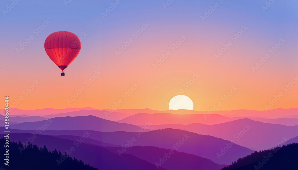Fototapeta premium Hot air balloon floating at sunset over mountain landscape 