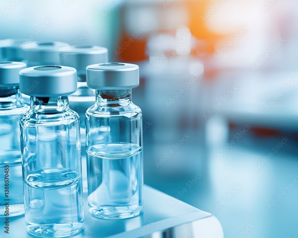 A close-up of glass vials containing a clear liquid, typically used for vaccines or pharmaceuticals, arranged neatly on a lab shelf. A close-up of glass vials containing a clear liquid, typically used for vaccines or pharmaceuticals, arranged neatly on a lab shelf.