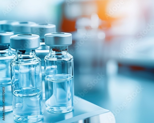 A close-up of glass vials containing a clear liquid, typically used for vaccines or pharmaceuticals, arranged neatly on a lab shelf.