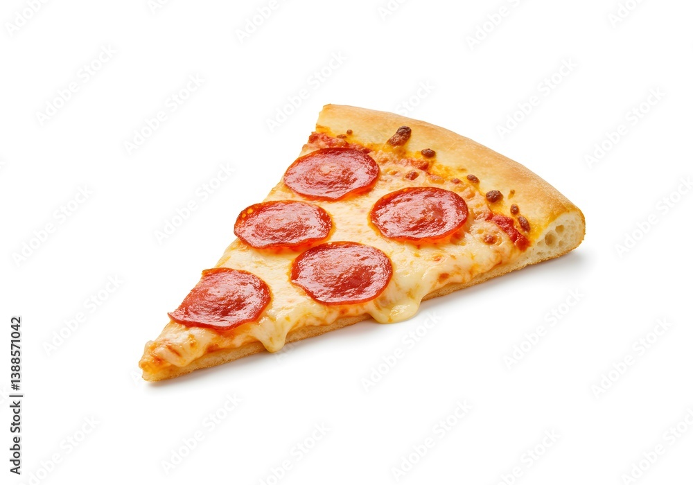 Pizza Slice Close-up with Pepperoni Topping and Melted Cheese on White Pizza Slice Close-up with Pepperoni Topping and Melted Cheese on White