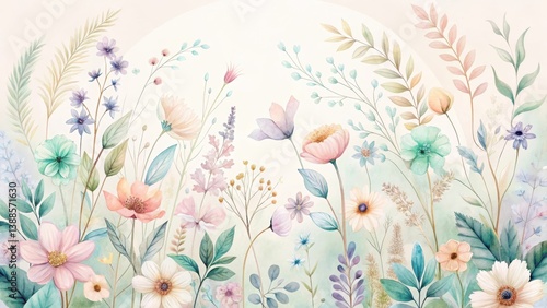 Pastel Floral Meadow Botanical Illustration A Delicate Watercolor Arrangement of Blossoms and Greenery