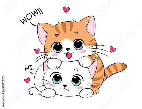 Vector illustration, cute and happy kittens. Design for printing on shirt, poster, banner. White text on pink background. Lovely print for t-shirt