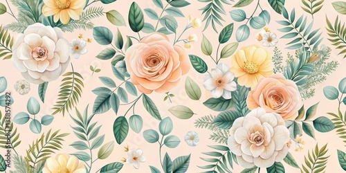 Elegant Pastel Floral Pattern Featuring Roses, Camellias, and Lush Greenery on a Soft Background