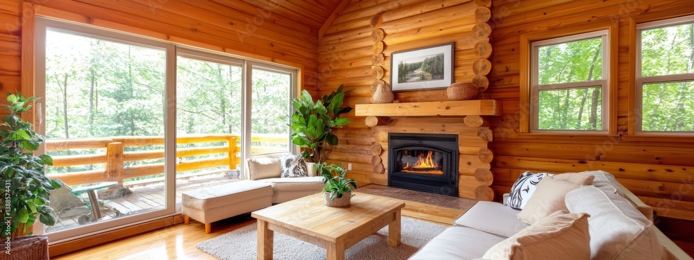 Fototapeta premium Cozy wooden cabin living room with fireplace and natural lighting