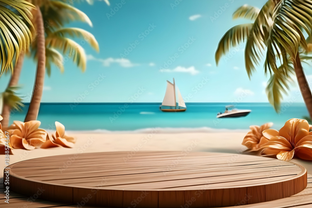 Obraz premium Scenic beach view featuring palm trees, clear waters, and a wooden platform, perfect for relaxation or vacation planning.