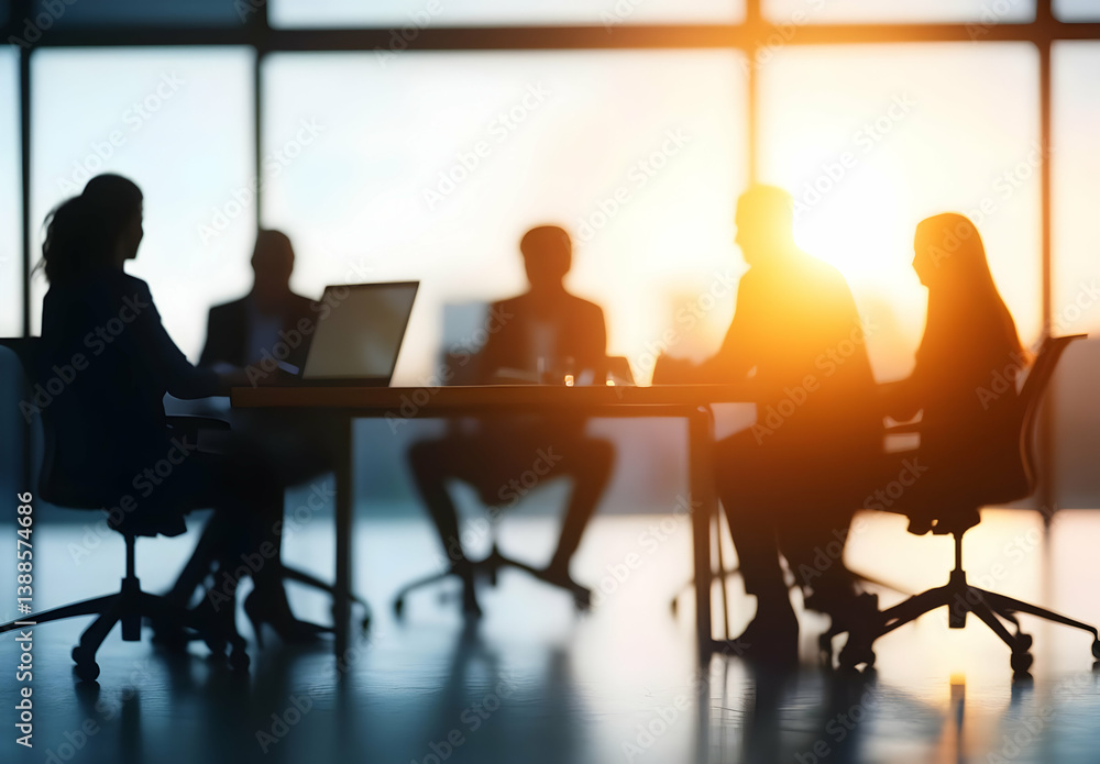 Silhouettes of business professionals collaborating in a modern office space during sunset, creating a dynamic working atmosphere. Silhouettes of business professionals collaborating in a modern office space during sunset, creating a dynamic working atmosphere.