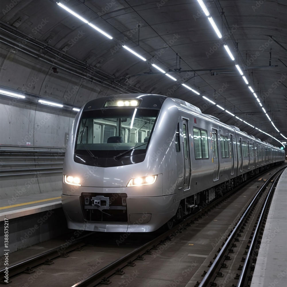 Fototapeta premium Um trem inteligente e elegante emerge de um túnel, iluminado por luzes artificiais refletidas em sua superfície metálica. O sistema de controle avançado melhora a eficiência e a mobilidade