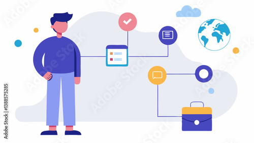 Customer Journey Mapping A character standing beside a large map marked with various touchpoints like website visits social interactions purchase that represent the customer
