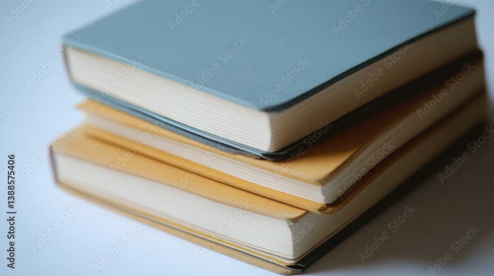 Stacked Books with Light Blue and Yellow Covers on a White Surface Stacked Books with Light Blue and Yellow Covers on a White Surface