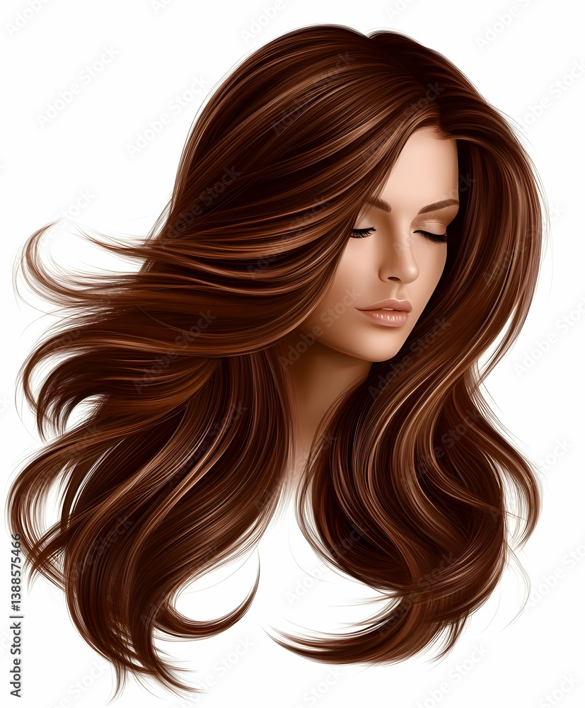 Naklejka premium This elegant portrait features a woman with stunning, flowing brown hair, embodying beauty and grace in every strand.