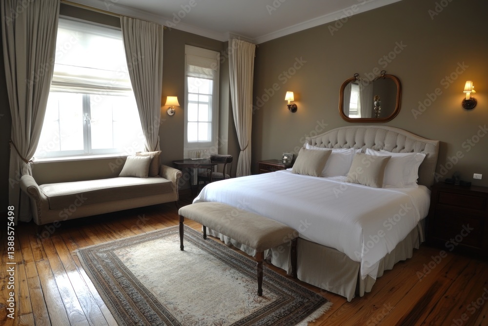 A luxurious bedroom containing large bed and decorative elements A luxurious bedroom containing large bed and decorative elements