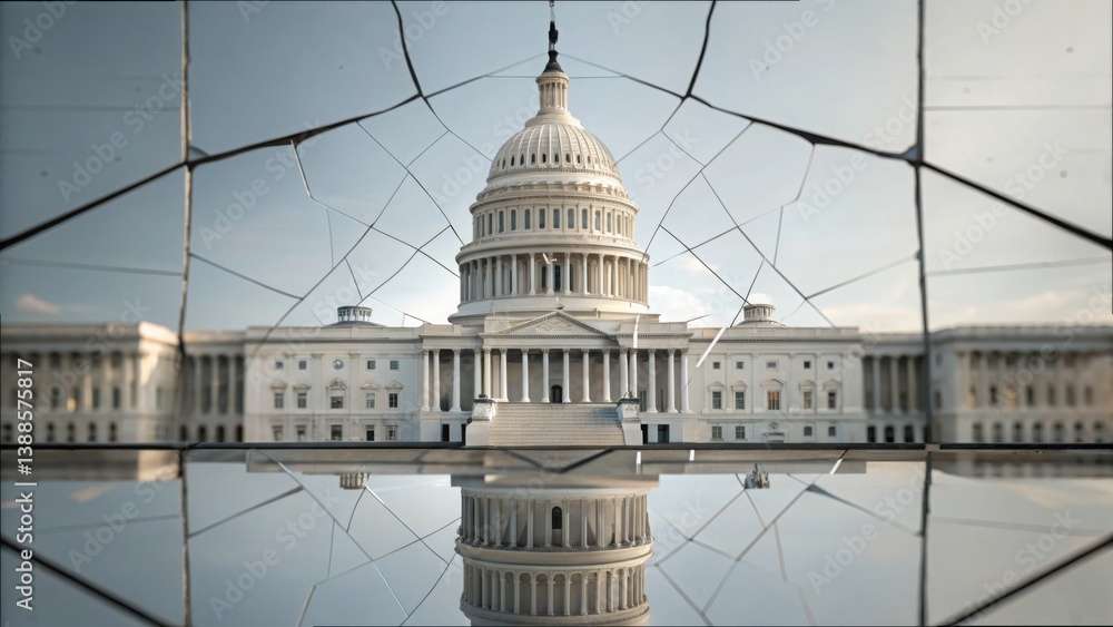 Fototapeta premium Cracked Reflection of a Government Building in a Broken Mirror