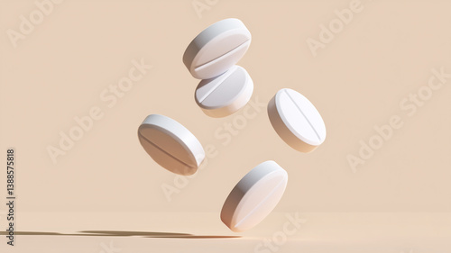 Five white round tablets arranged in floating pattern against soft beige background with subtle shadows under studio lighting