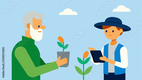 Future of Farming An elderly farmer handing seeds to a young farmer who has a smartphone in hand representing the generational shift and the integration of new technologies into
