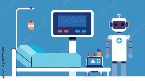 Patient Monitoring Robot A robot positioned next to a patients bed displaying vital signs on a screen and providing realtime health updates to nearby medical staff.
