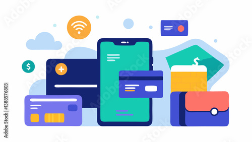 Digital Wallet An illustration of a smartphone with a digital wallet app open showing various payment options like credit cards cryptocurrencies and QR codes.