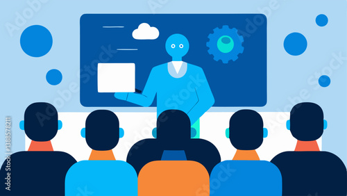 Data Insights Presentation A presenter in front of a projector screen showcasing the benefits of AI in customer service to an audience of colleagues.