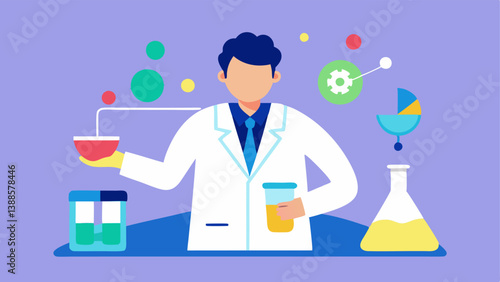 Creative Experimentation An illustration of a scientist in a lab coat mixing colorful liquids in beakers labeled with keywords like SEO Content and Engagement symbolizing