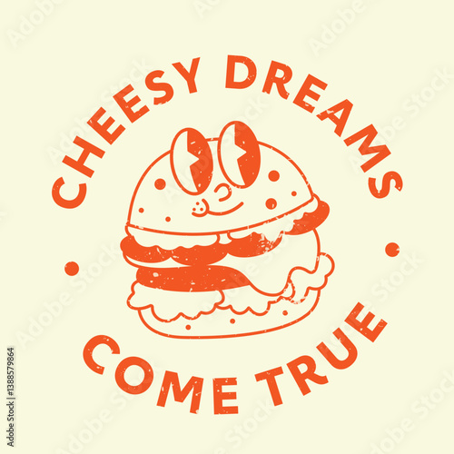 american retro style burger Cute Trendy Cartoon Vector Hand Drawn Template Design