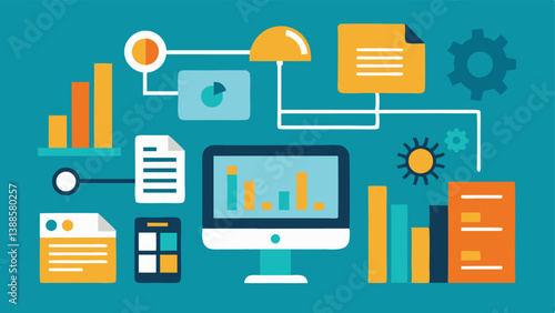 Data Analysis Tools A workspace featuring various tools and software icons like spreadsheets and databases that an analyst uses to analyze environmental data.