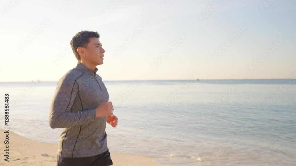 Wellness healthcare motivation. Asian man in sportswear and smartwatch jogging exercise on tropical beach. Healthy guy enjoy outdoor active lifestyle sport training fitness workout running at seaside. Wellness healthcare motivation. Asian man in sportswear and smartwatch jogging exercise on tropical beach. Healthy guy enjoy outdoor active lifestyle sport training fitness workout running at seaside.