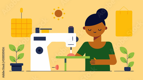 Ecofriendly Sewing Station An illustration of a sewing machine powered by solar energy with a designer creating clothes using organic cotton and hemp fabric.