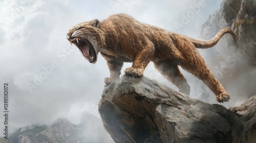 A saber-toothed cat roaring on top of a rocky cliff --ar 16:9 --v 6.1 Job ID: 7f056ffb-29cc-4271-8df6-5a64d3ac7cab